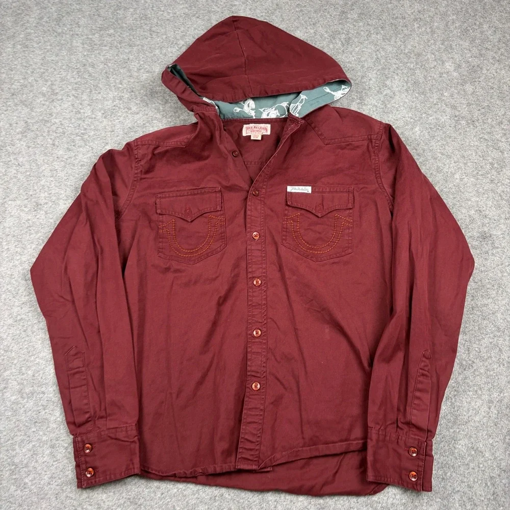 Y2K True Religion Hooded Western Shirt Mens Large Maroon Skater Grunge Surf 00s